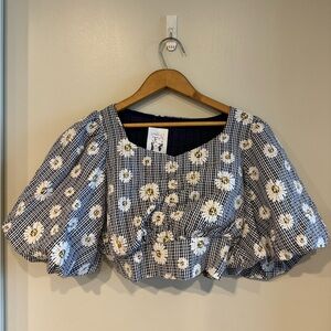 Vintage 70s Cropped Daisy Bell Sleeve Top - Size L